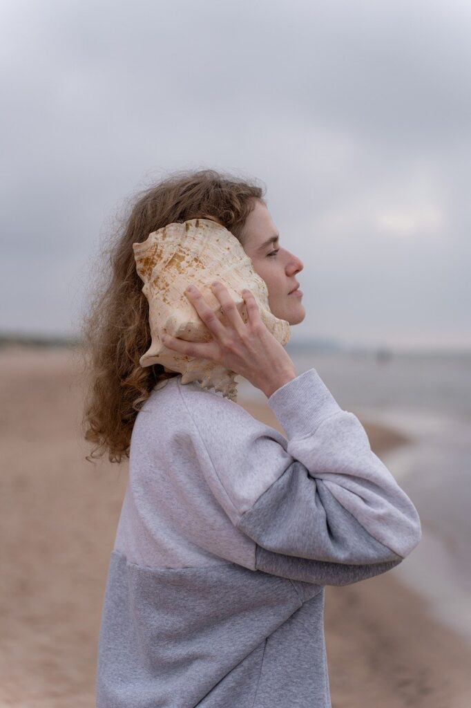 woman, conch shell, beach